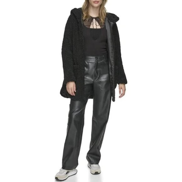 NEW Andrew Marc Seneca Faux Shearling Hooded Jacket BLACK SIZE L/100%AUTHENTIC - Picture 1 of 6